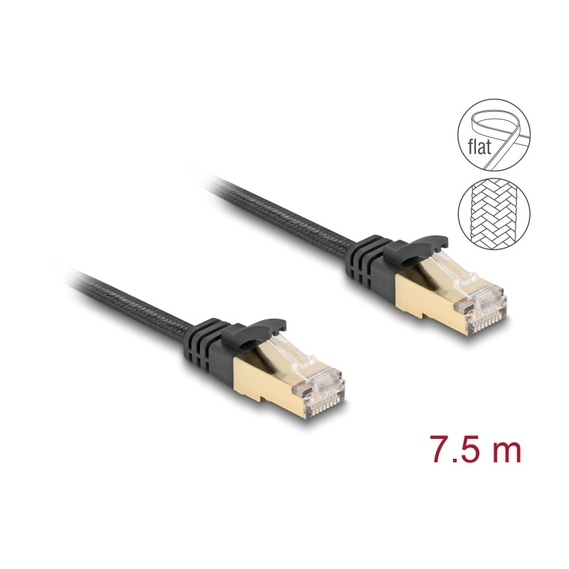 Delock RJ45 Flachband Netzwerkkabel mit Geflechtmantel Cat.6A U/FTP Stecker zu Stecker 7,5 m schwarz