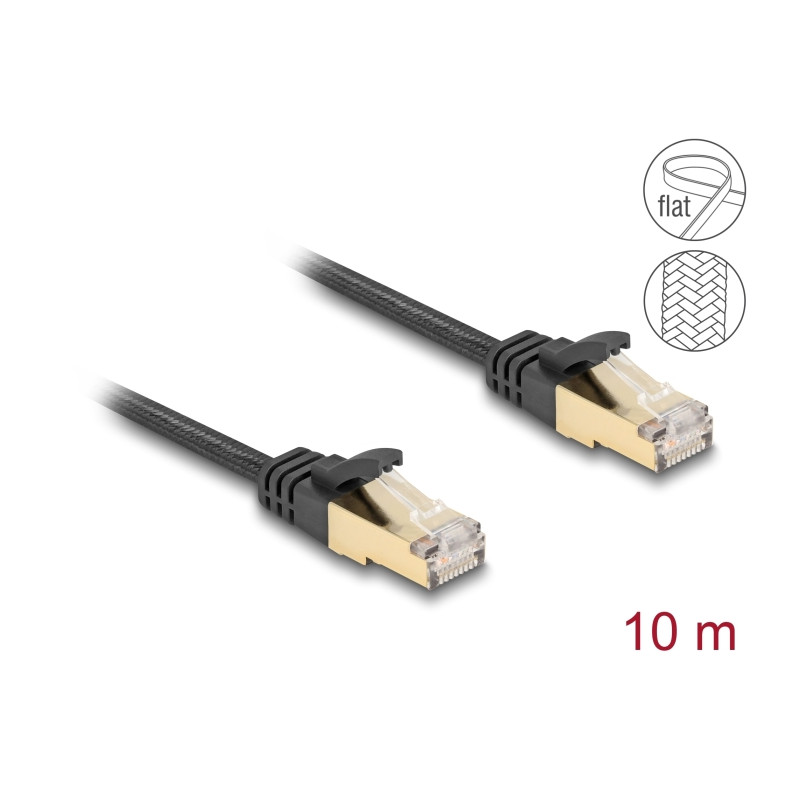 Delock RJ45 Flachband Netzwerkkabel mit Geflechtmantel Cat.6A U/FTP Stecker zu Stecker 10 m schwarz