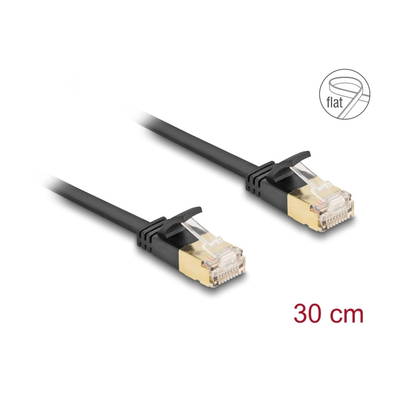 Delock RJ45 Netzwerkkabel Cat.6A Stecker zu Stecker mit robuster Rastnase und Cat.7 Rohflachbandkabel U/FTP 0,3 m schwarz