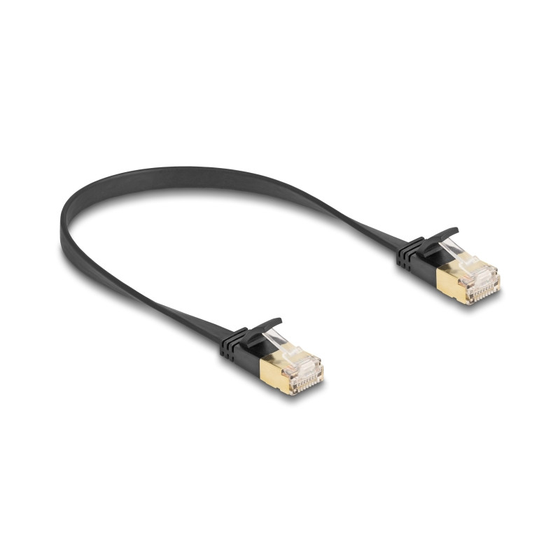 Delock RJ45 Netzwerkkabel Cat.6A Stecker zu Stecker mit robuster Rastnase und Cat.7 Rohflachbandkabel U/FTP 0,3 m schwarz