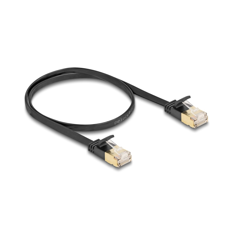 Delock RJ45 Netzwerkkabel Cat.6A Stecker zu Stecker mit robuster Rastnase und Cat.7 Rohflachbandkabel U/FTP 0,5 m schwarz