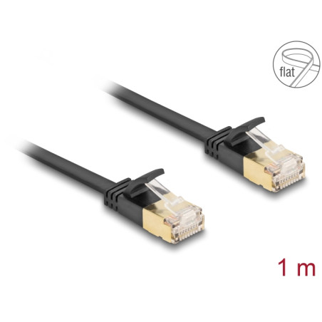 Delock RJ45 Netzwerkkabel Cat.6A Stecker zu Stecker mit robuster Rastnase und Cat.7 Rohflachbandkabel U/FTP 1 m schwarz