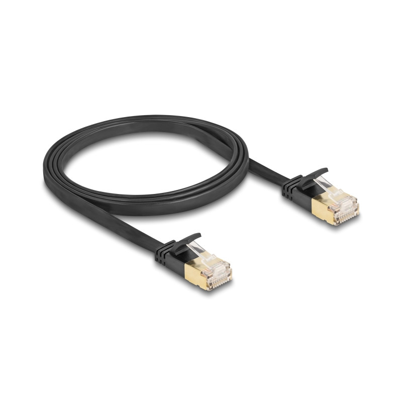 Delock RJ45 Netzwerkkabel Cat.6A Stecker zu Stecker mit robuster Rastnase und Cat.7 Rohflachbandkabel U/FTP 1 m schwarz