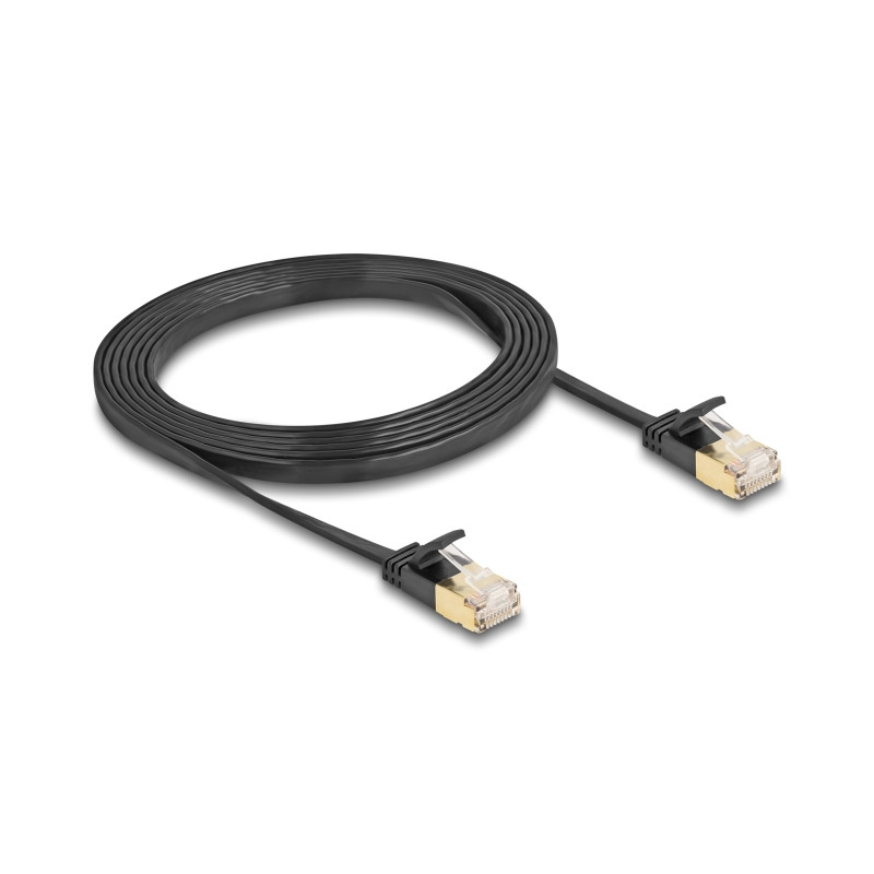 Delock RJ45 Netzwerkkabel Cat.6A Stecker zu Stecker mit robuster Rastnase und Cat.7 Rohflachbandkabel U/FTP 2 m schwarz