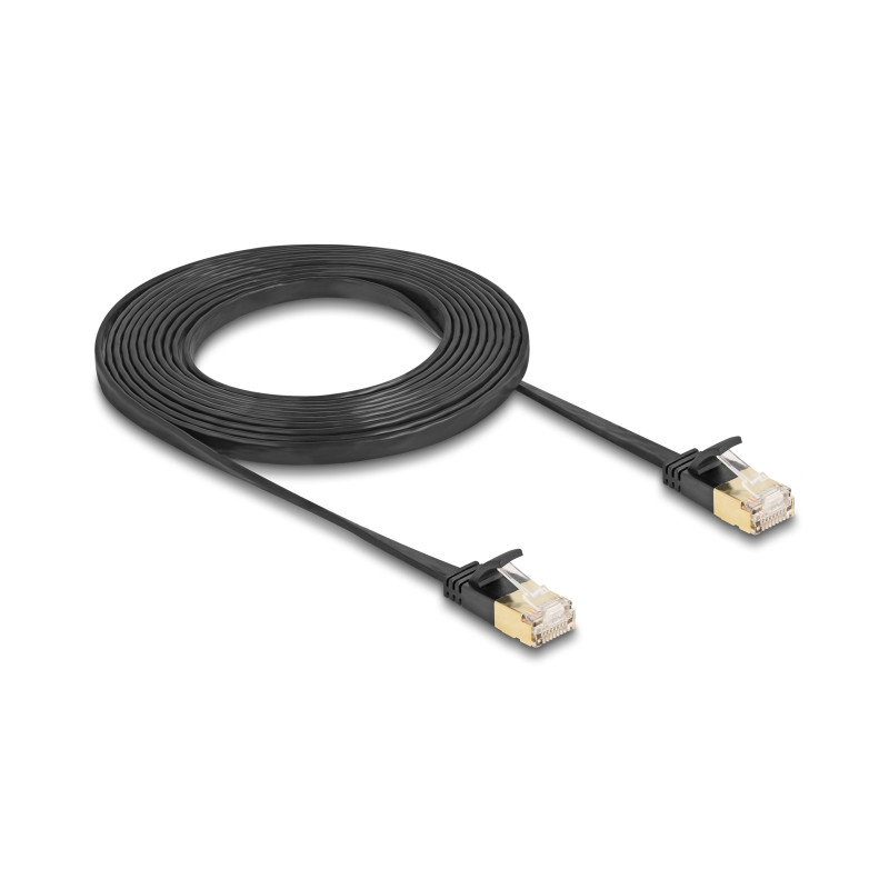 Delock RJ45 Netzwerkkabel Cat.6A Stecker zu Stecker mit robuster Rastnase und Cat.7 Rohflachbandkabel U/FTP 3 m schwarz