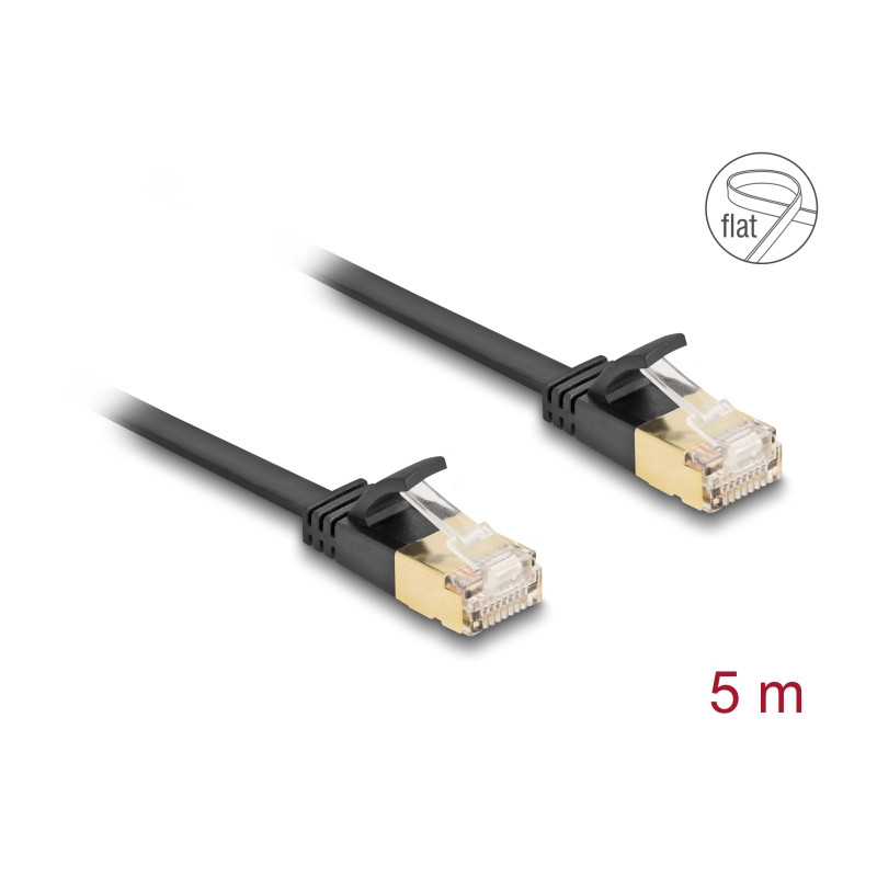 Delock RJ45 Netzwerkkabel Cat.6A Stecker zu Stecker mit robuster Rastnase und Cat.7 Rohflachbandkabel U/FTP 5 m schwarz