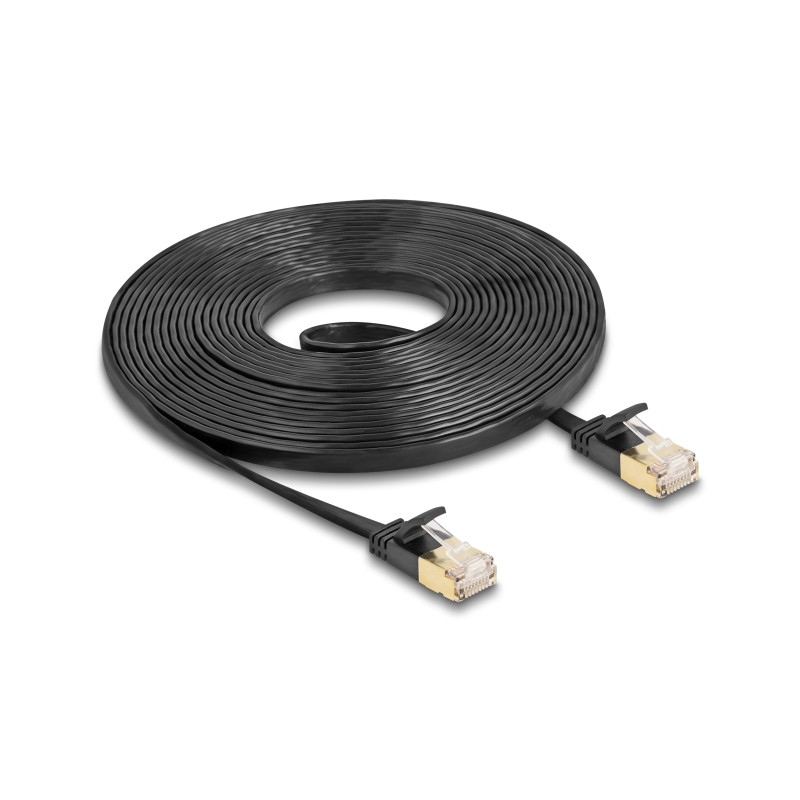 Delock RJ45 Netzwerkkabel Cat.6A Stecker zu Stecker mit robuster Rastnase und Cat.7 Rohflachbandkabel U/FTP 5 m schwarz