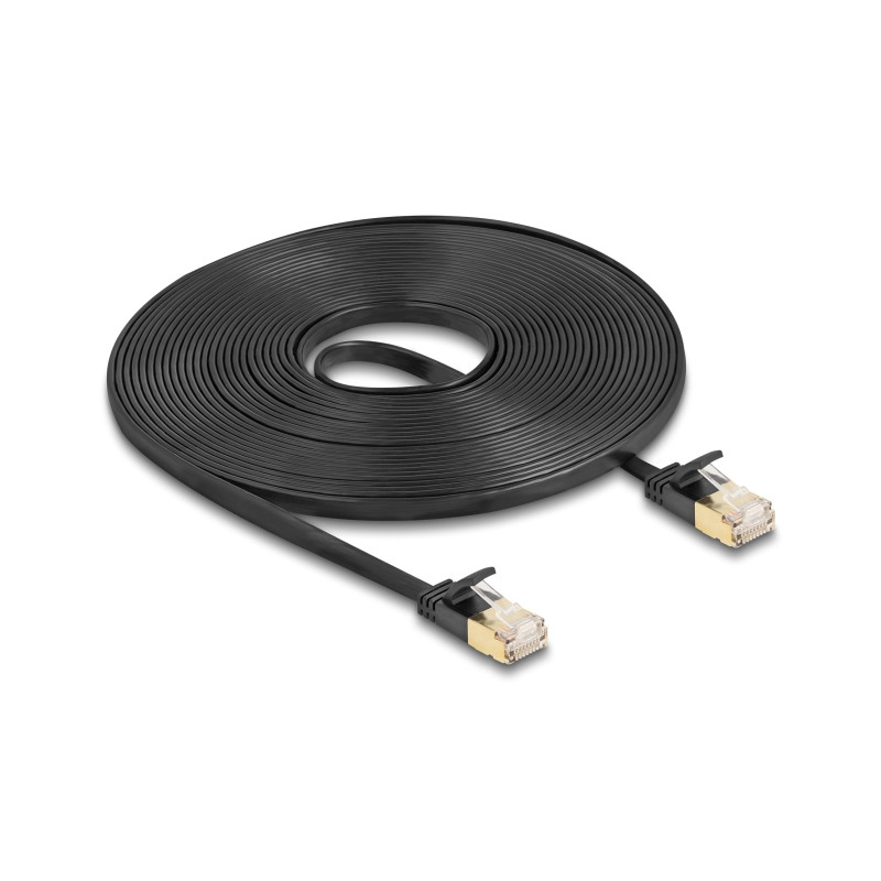 Delock RJ45 Netzwerkkabel Cat.6A Stecker zu Stecker mit robuster Rastnase und Cat.7 Rohflachbandkabel U/FTP 7,5 m schwarz