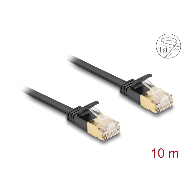 Delock RJ45 Netzwerkkabel Cat.6A Stecker zu Stecker mit robuster Rastnase und Cat.7 Rohflachbandkabel U/FTP 10 m schwarz