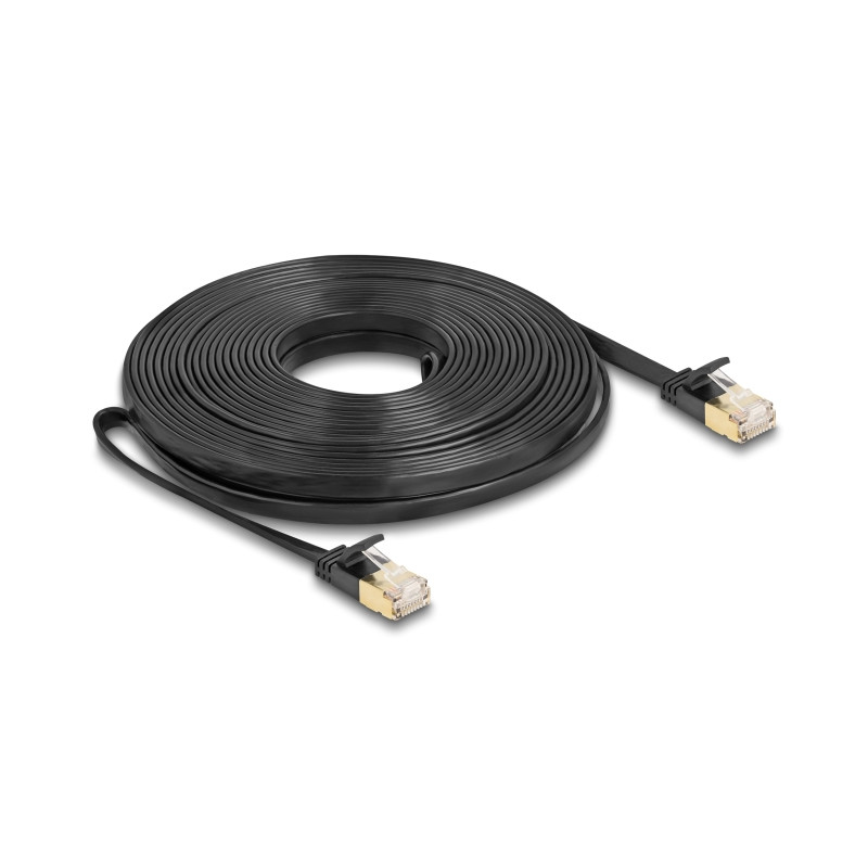 Delock RJ45 Netzwerkkabel Cat.6A Stecker zu Stecker mit robuster Rastnase und Cat.7 Rohflachbandkabel U/FTP 10 m schwarz