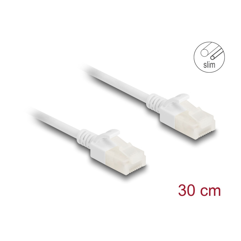 Delock RJ45 Netzwerkkabel Cat.6A Stecker zu Stecker mit robuster Rastnase Industrietauglich U/UTP Slim 0,3 m weiß