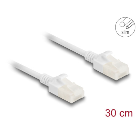Delock RJ45 Netzwerkkabel Cat.6A Stecker zu Stecker mit robuster Rastnase Industrietauglich U/UTP Slim 0,3 m weiß
