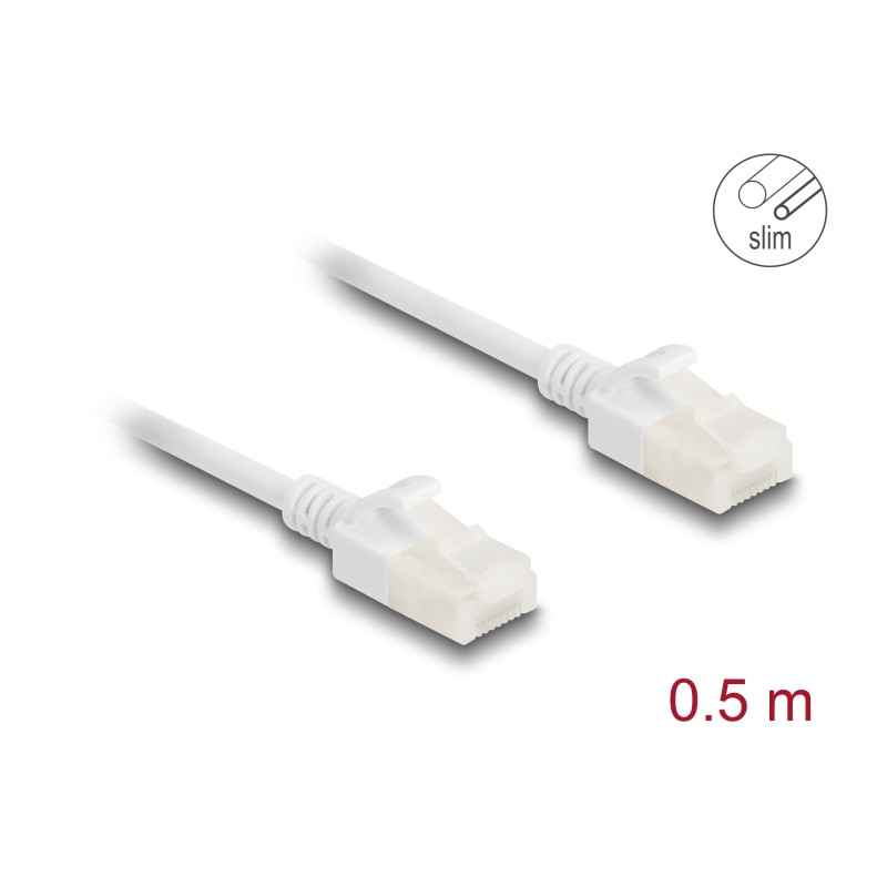 Delock RJ45 Netzwerkkabel Cat.6A Stecker zu Stecker mit robuster Rastnase Industrietauglich U/UTP Slim 0,5 m weiß