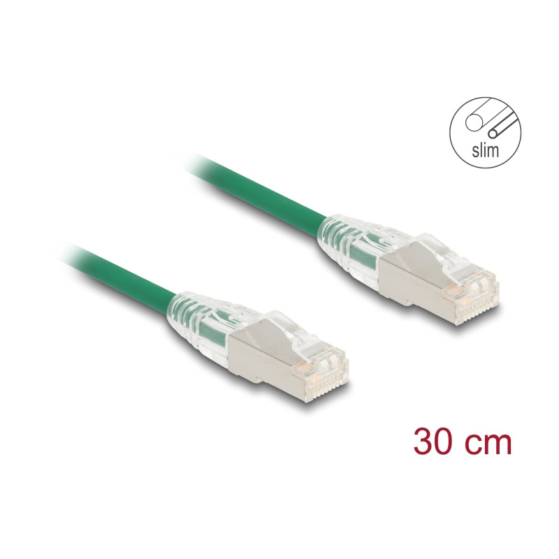 Delock RJ45 Netzwerkkabel Cat.6A Stecker zu Stecker mit gebogener Rastnase U/FTP Slim 0,3 m grün