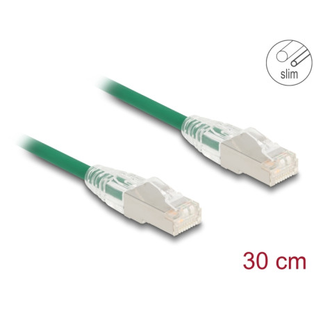 Delock RJ45 Netzwerkkabel Cat.6A Stecker zu Stecker mit gebogener Rastnase U/FTP Slim 0,3 m grün