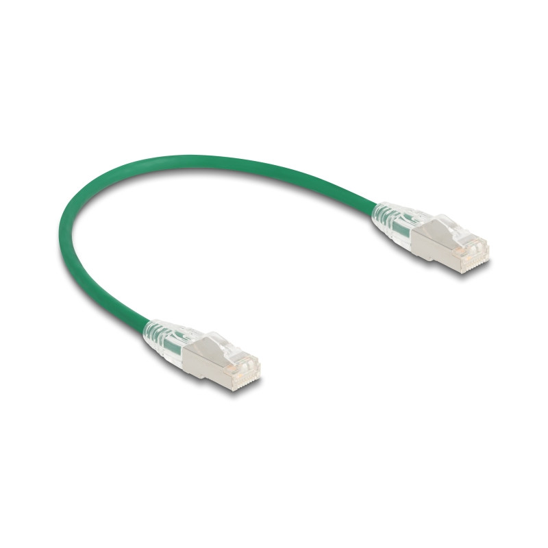 Delock RJ45 Netzwerkkabel Cat.6A Stecker zu Stecker mit gebogener Rastnase U/FTP Slim 0,3 m grün