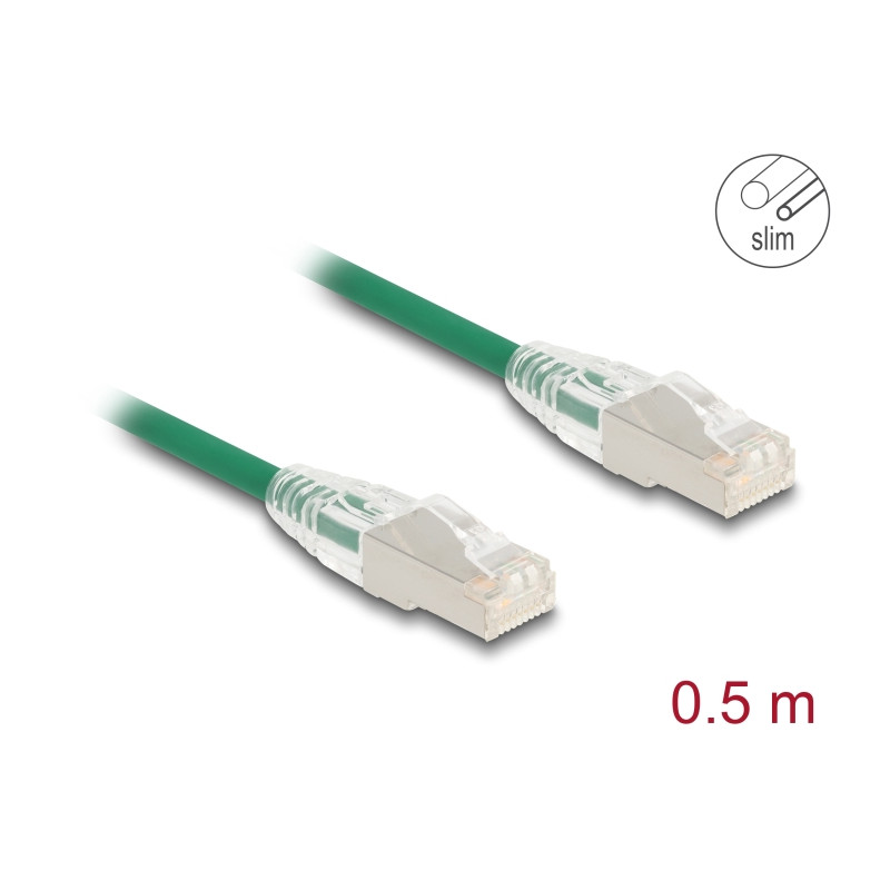 Delock RJ45 Netzwerkkabel Cat.6A Stecker zu Stecker mit gebogener Rastnase U/FTP Slim 0,5 m grün
