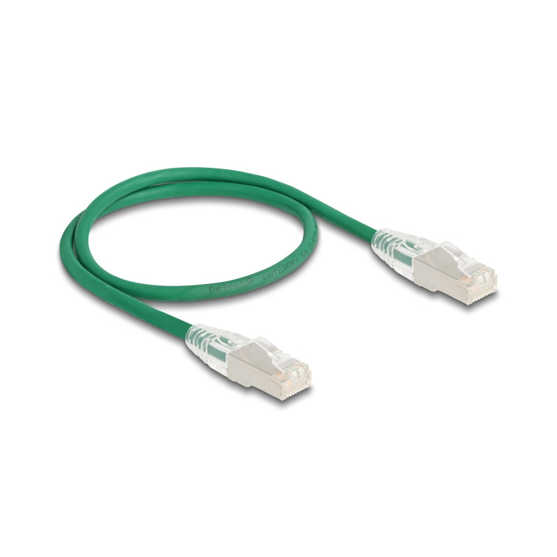Delock RJ45 Netzwerkkabel Cat.6A Stecker zu Stecker mit gebogener Rastnase U/FTP Slim 0,5 m grün