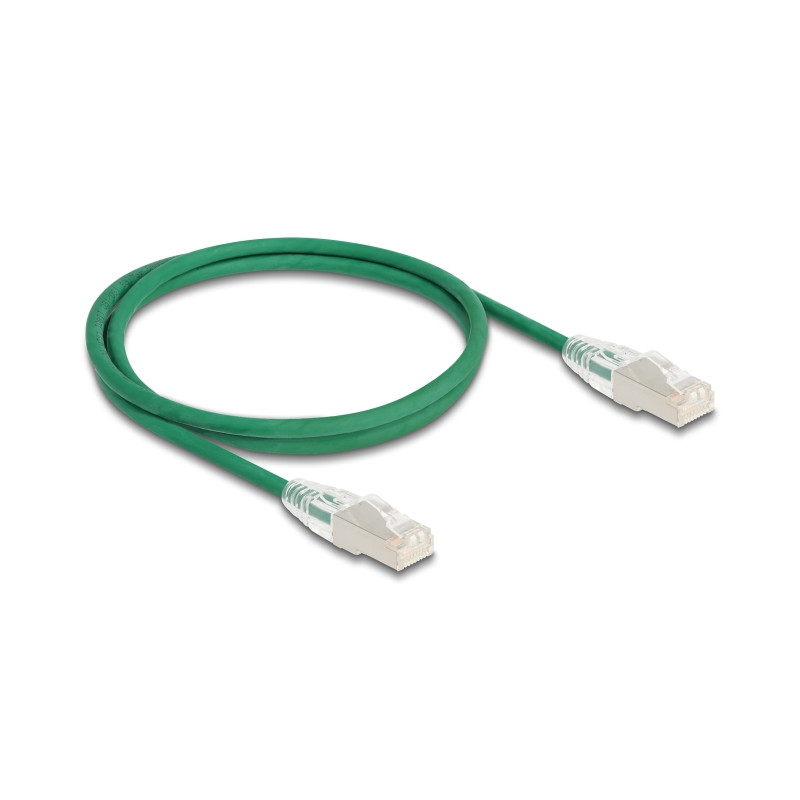 Delock RJ45 Netzwerkkabel Cat.6A Stecker zu Stecker mit gebogener Rastnase U/FTP Slim 1 m grün