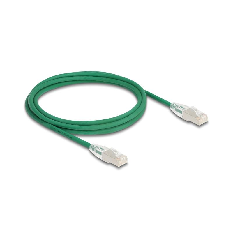 Delock RJ45 Netzwerkkabel Cat.6A Stecker zu Stecker mit gebogener Rastnase U/FTP Slim 2 m grün