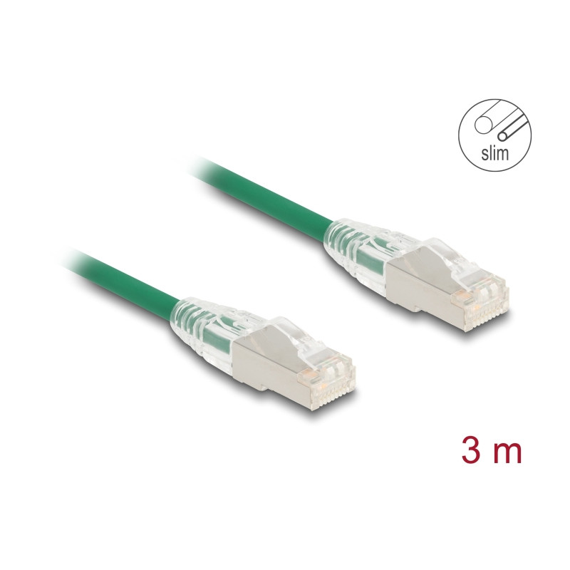 Delock RJ45 Netzwerkkabel Cat.6A Stecker zu Stecker mit gebogener Rastnase U/FTP Slim 3 m grün