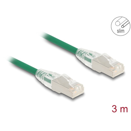 Delock RJ45 Netzwerkkabel Cat.6A Stecker zu Stecker mit gebogener Rastnase U/FTP Slim 3 m grün