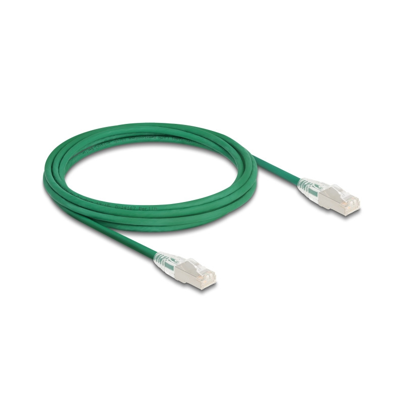 Delock RJ45 Netzwerkkabel Cat.6A Stecker zu Stecker mit gebogener Rastnase U/FTP Slim 3 m grün