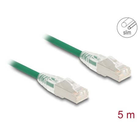 Delock RJ45 Netzwerkkabel Cat.6A Stecker zu Stecker mit gebogener Rastnase U/FTP Slim 5 m grün