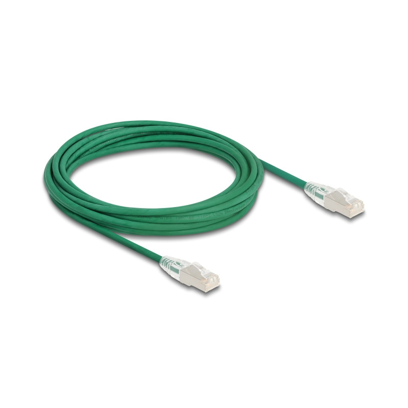 Delock RJ45 Netzwerkkabel Cat.6A Stecker zu Stecker mit gebogener Rastnase U/FTP Slim 5 m grün