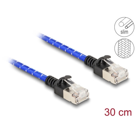 Delock RJ45 Netzwerkkabel mit Geflechtmantel Cat.6A U/FTP Slim 0,3 m blau