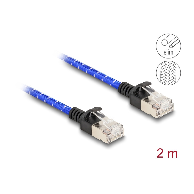 Delock RJ45 Netzwerkkabel mit Geflechtmantel Cat.6A U/FTP Slim 2 m blau