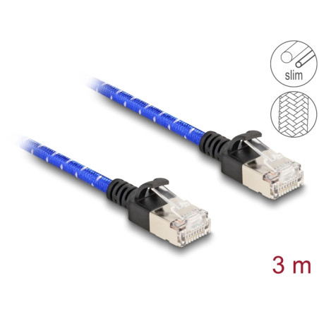 Delock RJ45 Netzwerkkabel mit Geflechtmantel Cat.6A U/FTP Slim 3 m blau