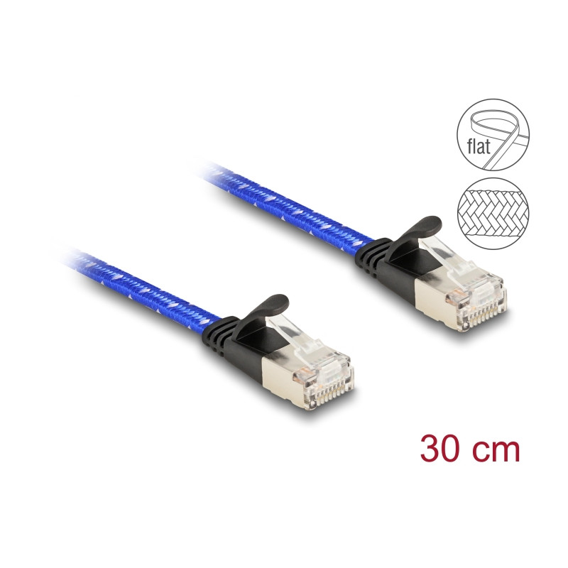 Delock RJ45 Flachband Netzwerkkabel mit Geflechtmantel Cat.6A U/FTP 0,3 m blau