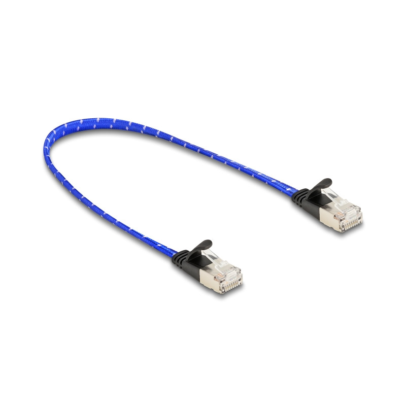 Delock RJ45 Flachband Netzwerkkabel mit Geflechtmantel Cat.6A U/FTP 0,3 m blau