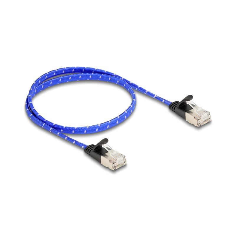 Delock RJ45 Flachband Netzwerkkabel mit Geflechtmantel Cat.6A U/FTP 0,5 m blau