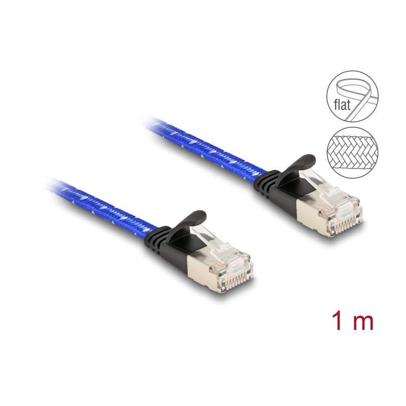 Delock RJ45 Flachband Netzwerkkabel mit Geflechtmantel Cat.6A U/FTP 1 m blau