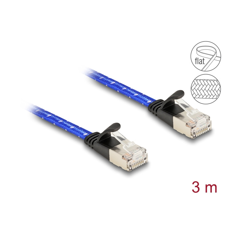 Delock RJ45 Flachband Netzwerkkabel mit Geflechtmantel Cat.6A U/FTP 3 m blau