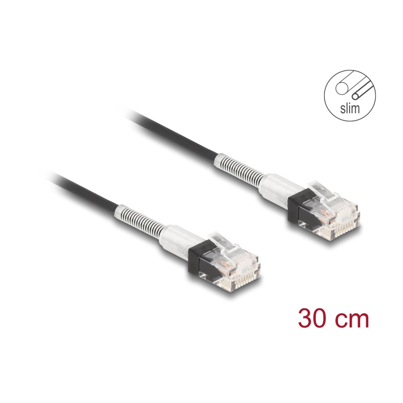 Delock RJ45 Netzwerkkabel mit doppeltem Knickschutz Cat.6A UTP Slim 0,3 m schwarz