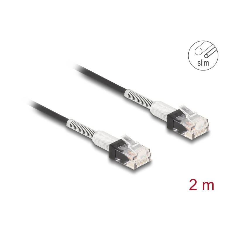 Delock RJ45 Netzwerkkabel mit doppeltem Knickschutz Cat.6A UTP Slim 2 m schwarz