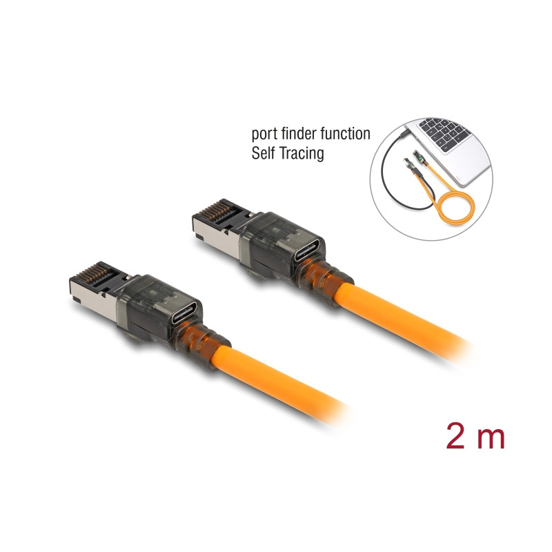 Delock RJ45 Netzwerkkabel mit USB Type-C™ Portfinder Funktion Self Tracing Cat.6A S/FTP 2 m orange