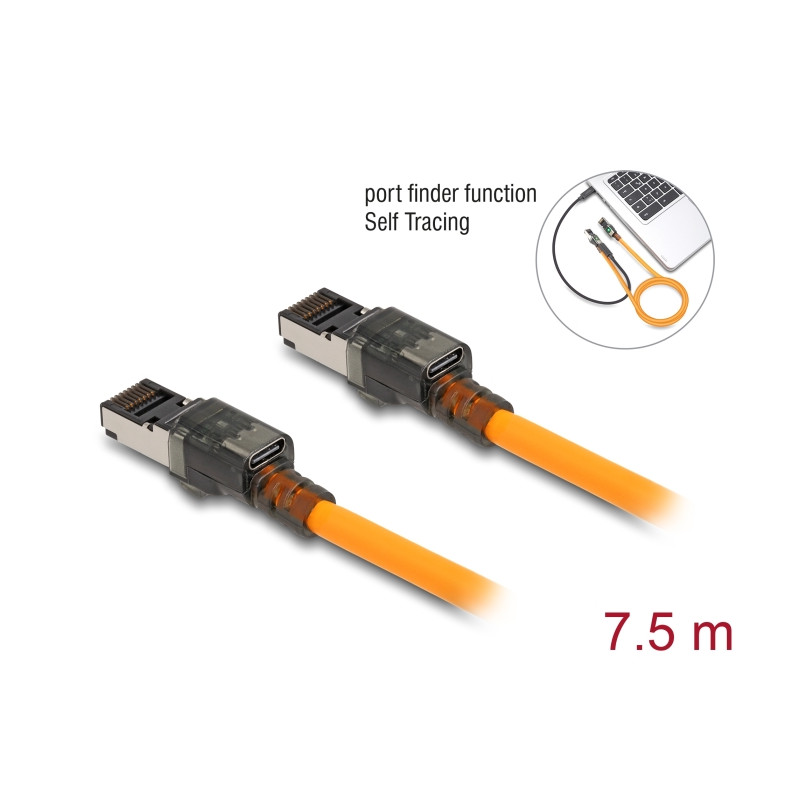 Delock RJ45 Netzwerkkabel mit USB Type-C™ Portfinder Funktion Self Tracing Cat.6A S/FTP 7,5 m orange