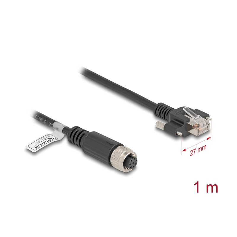 Delock M12 Kabel A-kodiert 8 Pin Buchse zu RJ45 Stecker mit Schrauben Cat.5e FTP 1 m schwarz