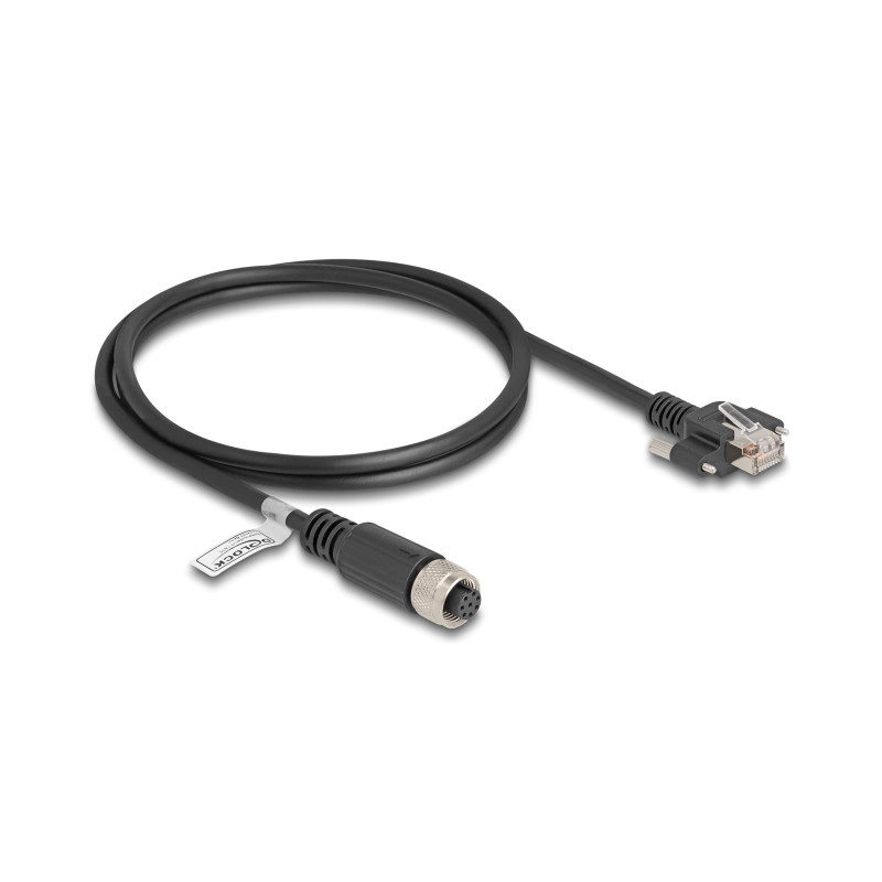 Delock M12 Kabel A-kodiert 8 Pin Buchse zu RJ45 Stecker mit Schrauben Cat.5e FTP 1 m schwarz