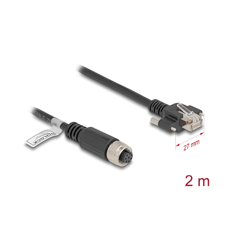 Delock M12 Kabel A-kodiert 8 Pin Buchse zu RJ45 Stecker mit Schrauben Cat.5e FTP 2 m schwarz