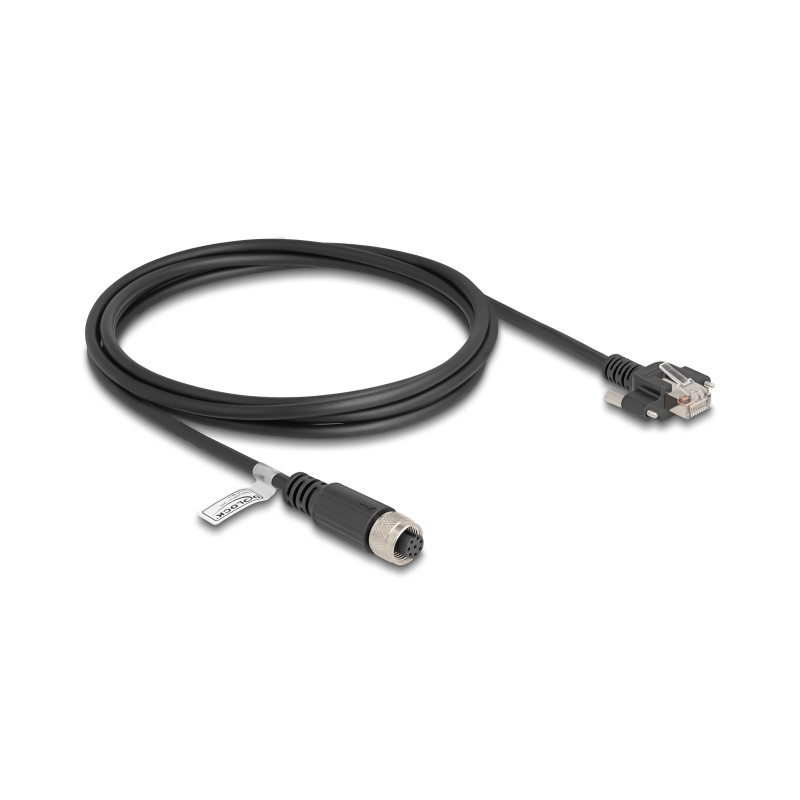 Delock M12 Kabel A-kodiert 8 Pin Buchse zu RJ45 Stecker mit Schrauben Cat.5e FTP 2 m schwarz