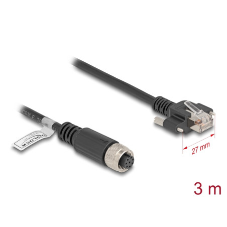 Delock M12 Kabel A-kodiert 8 Pin Buchse zu RJ45 Stecker mit Schrauben Cat.5e FTP 3 m schwarz