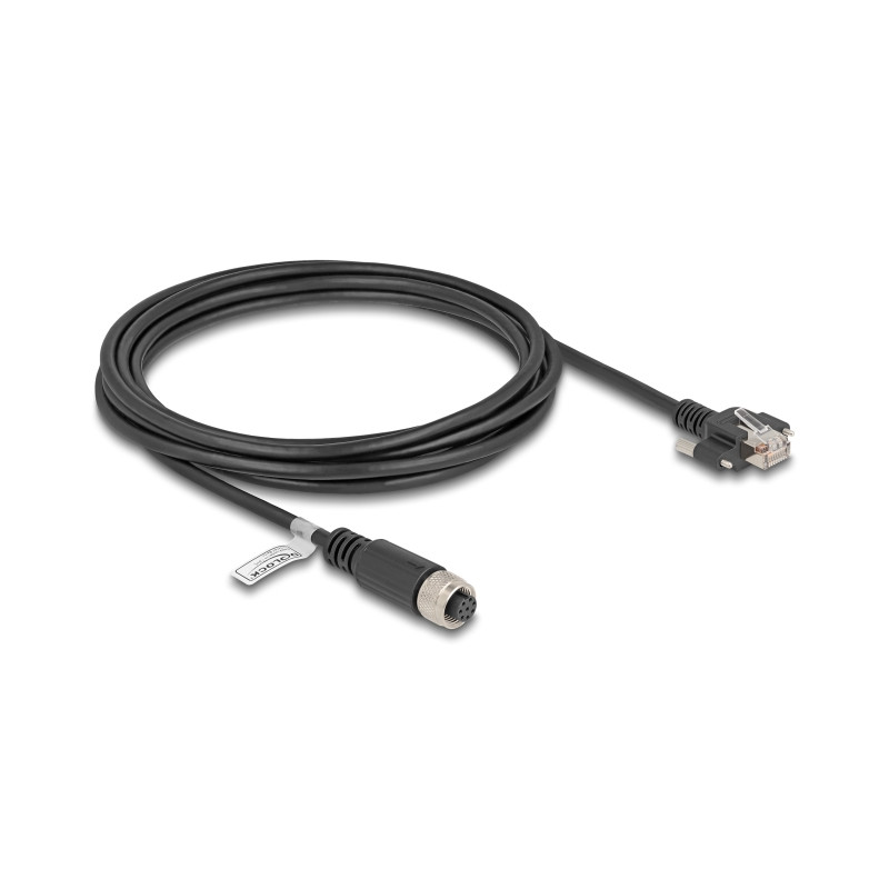 Delock M12 Kabel A-kodiert 8 Pin Buchse zu RJ45 Stecker mit Schrauben Cat.5e FTP 3 m schwarz