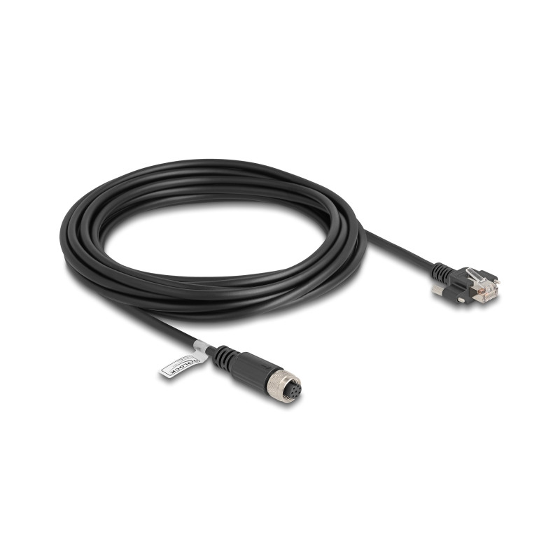 Delock M12 Kabel A-kodiert 8 Pin Buchse zu RJ45 Stecker mit Schrauben Cat.5e FTP 5 m schwarz