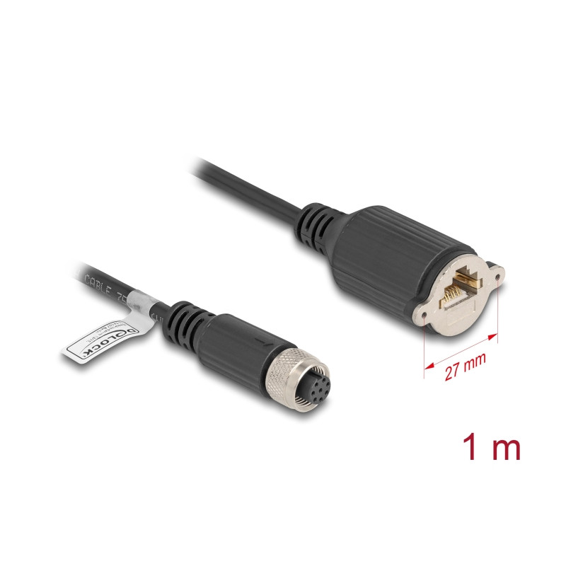 Delock M12 Kabel A-kodiert 8 Pin Buchse zu RJ45 Buchse zum Einbau Cat.5e FTP 1 m schwarz