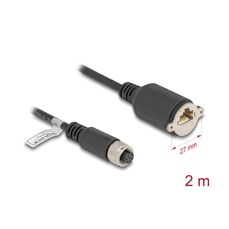 Delock M12 Kabel A-kodiert 8 Pin Buchse zu RJ45 Buchse zum Einbau Cat.5e FTP 2 m schwarz